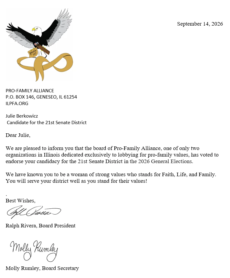 2026 Pro Family Alliance Endorsement of Julie Berkowicz, Candidate for Illinois Senate - District 21
